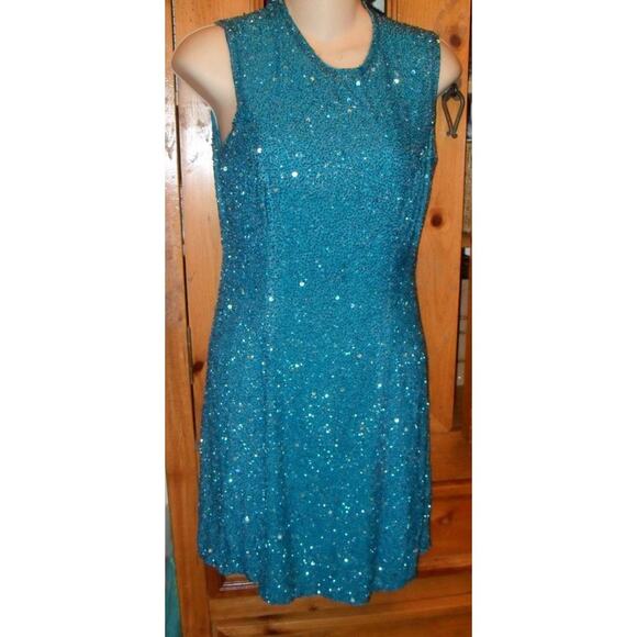 VTG 100% Silk Turquoise Beaded Sequined Dress - Picture 1 of 8